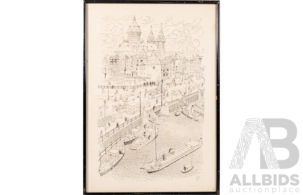 les Spreekmeester (20th Century, Dutch, 1914-2000), The Weeping Tower (4) & A Canal (2), Vintage Print Copies of Original Pen Drawings, 57.5 x 40 cm (frames) (2)