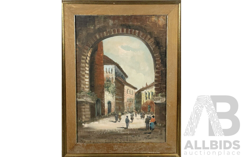 Artist Unknown (20th Century), Busy Village Archway and Street, Original Vintage Oil on Canvas Cloth, 84 x 64 cm (frame)