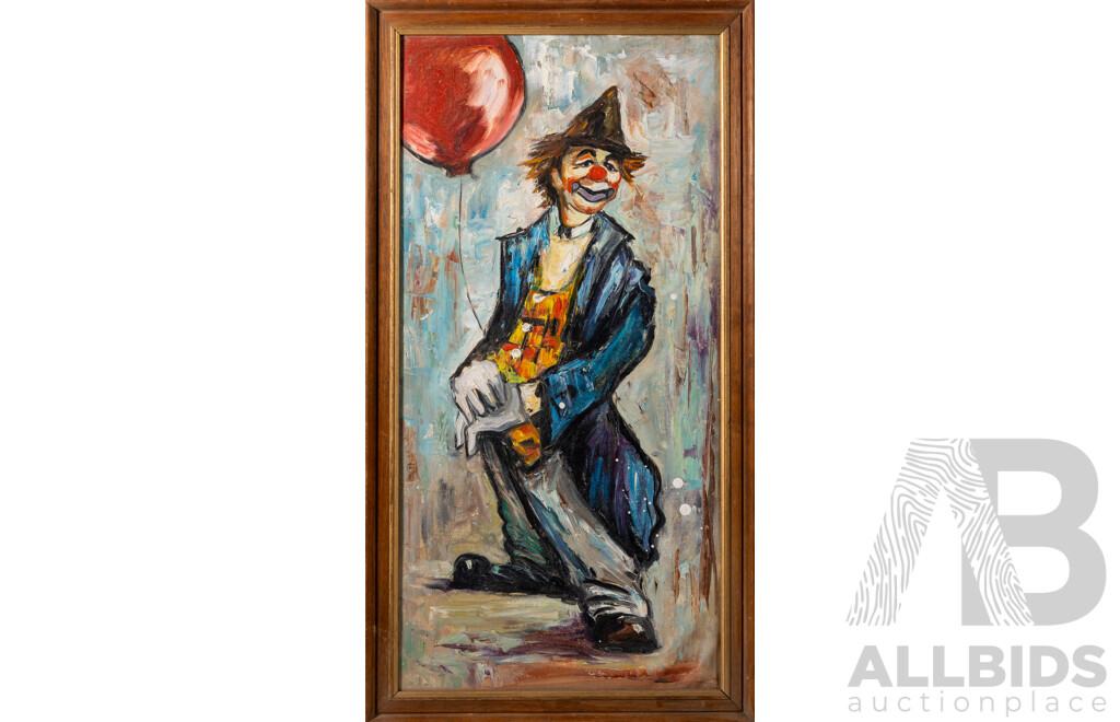 Artist Unknown (c1940-50s), Clown with Red Balloon, Original Vintage Oil on Canvas Cloth, 66 x 36 cm (frame)