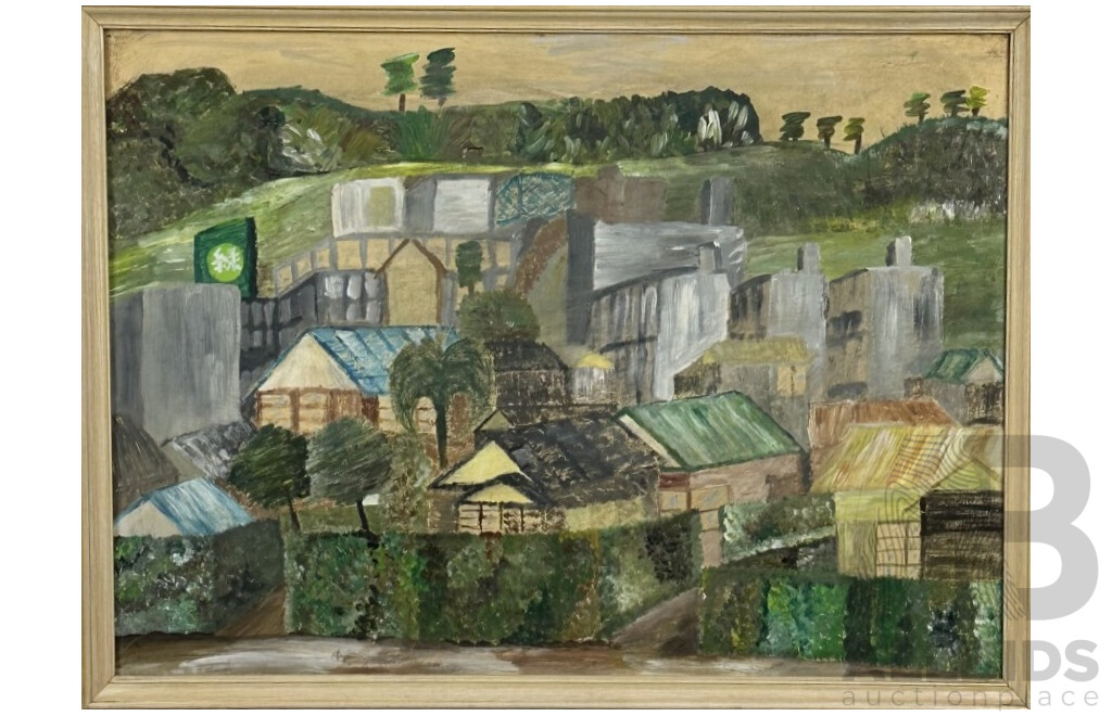 Hiromi Namazuki, (20th Century, Japanese), City View to Mountains, Yokosuka City International Drawing Exchange, Original Vintage Mixed Media Oil on Board, 41 X 57 Cm (frame)