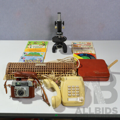 Collection Vintage & Other Items Including Telephone, Microscope, 7 Inch Singles Bag with Disney Records, Hanimex Camera and More