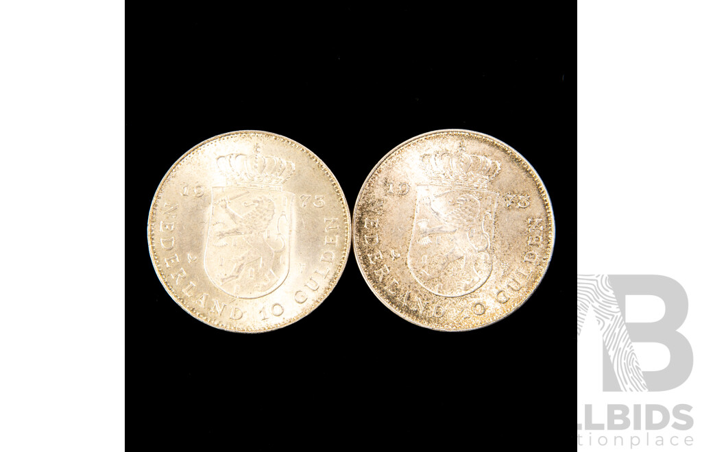 Two Netherlands 1973 Silver Ten Gulden Coins .720