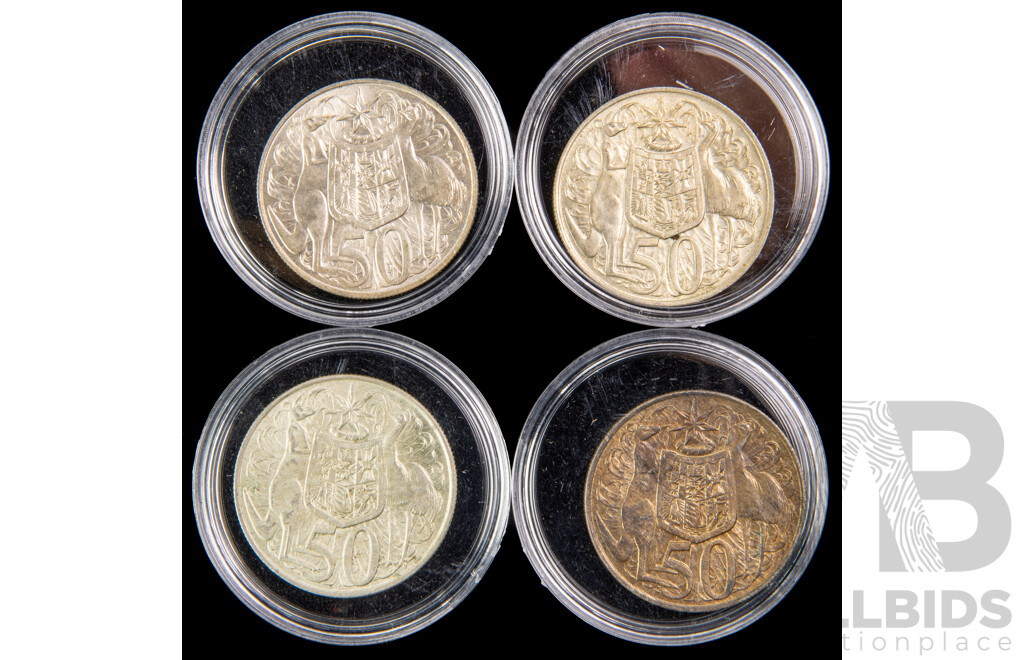 Four Australian 1966 Round Silver Fifty Cent Coins .800