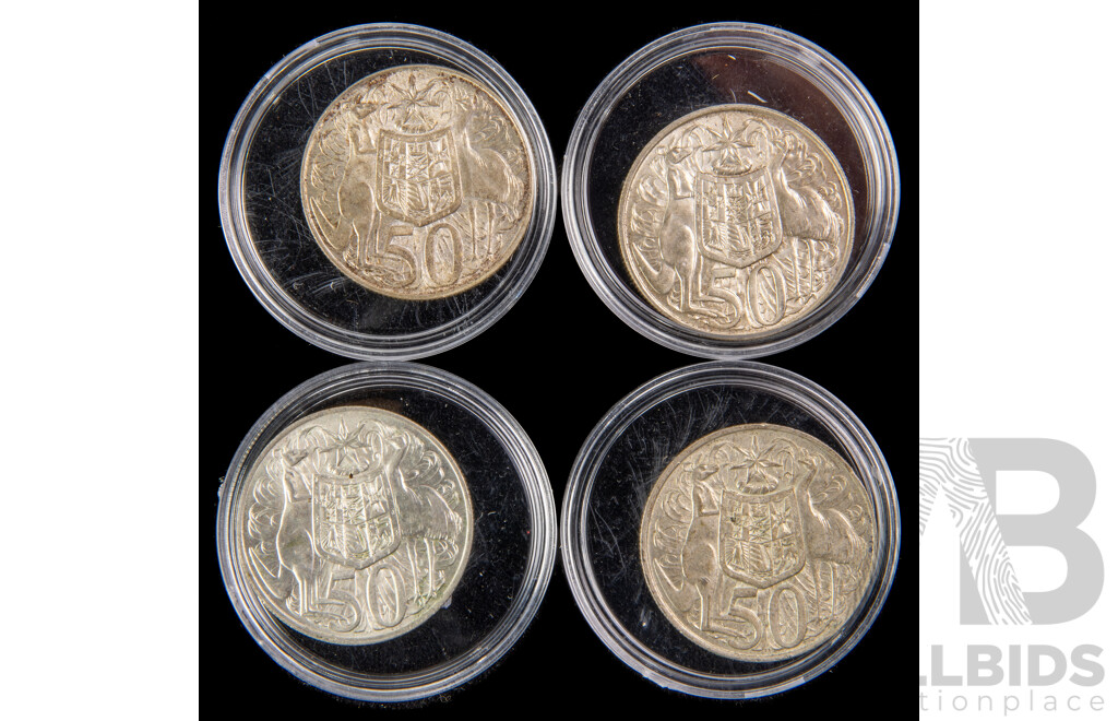 Four Australian 1966 Round Silver Fifty Cent Coins .800