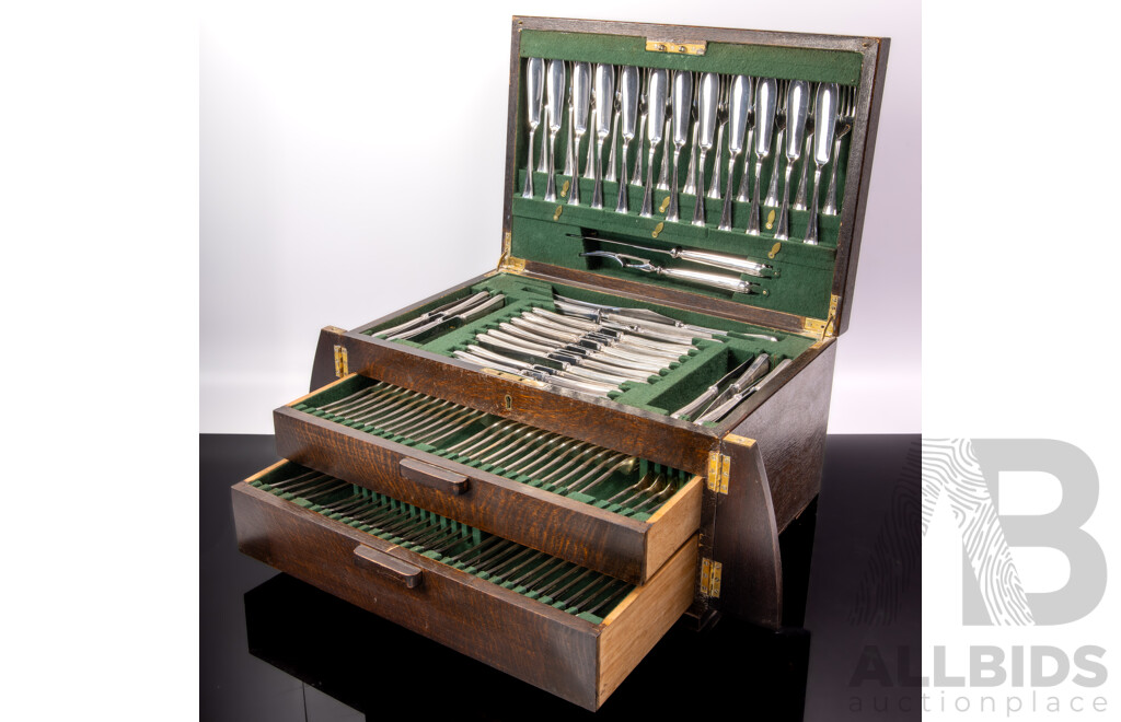 Vintage Silver Plate 129 Piece Flatware Set in Three Level Wooden Canteen by Harrison Bros & Howson