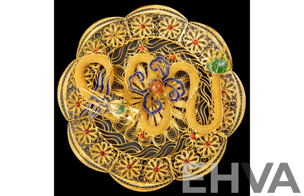 Chinese Gilt Wire Work Dragon Presentation with Enamel Detail and Pearl of Wisdom, Contemporary