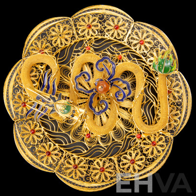 Chinese Gilt Wire Work Dragon Presentation with Enamel Detail and Pearl of Wisdom, Contemporary