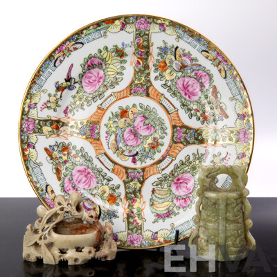 Chinese Hand Painted Famille Rose Porcelain Plate Along with Two Carved Chinese Soft Stone Pieces