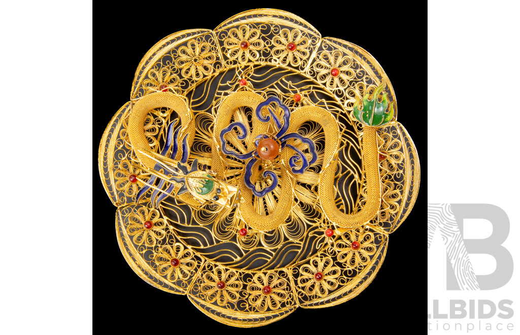 Chinese Gilt Wire Work Dragon Presentation with Enamel Detail and Pearl of Wisdom, Contemporary