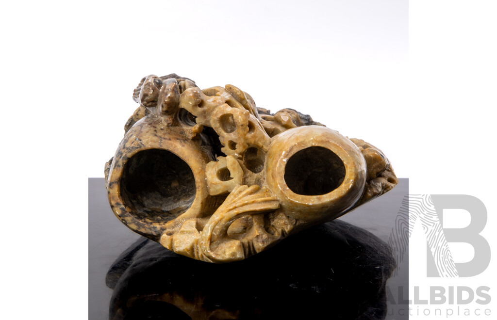 Chinese Carved Softstone Brush Washer with Intricate Detail
