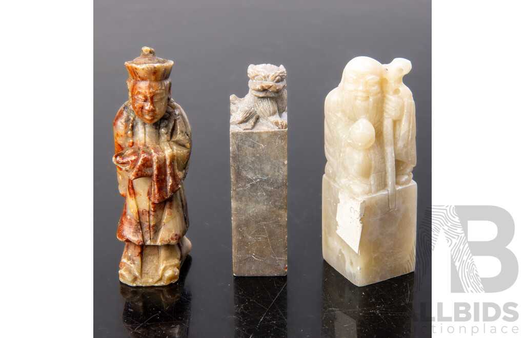 Two Chinese Carved Soft Stone Seals Along with Small Carved Stone Statue of Shou Xing with Peach of Immortality