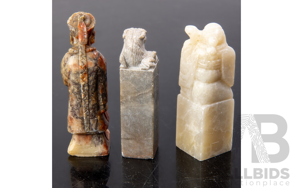 Two Chinese Carved Soft Stone Seals Along with Small Carved Stone Statue of Shou Xing with Peach of Immortality