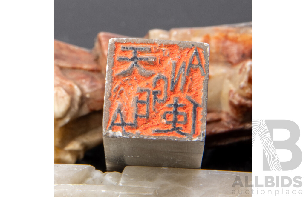 Two Chinese Carved Soft Stone Seals Along with Small Carved Stone Statue of Shou Xing with Peach of Immortality