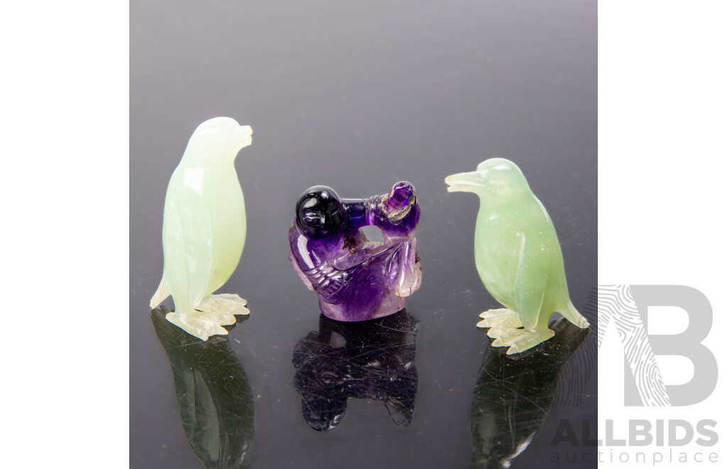 Collection Two Chinese Carved Jadeite Bird Figures Along with Carved Amethyst Figure
