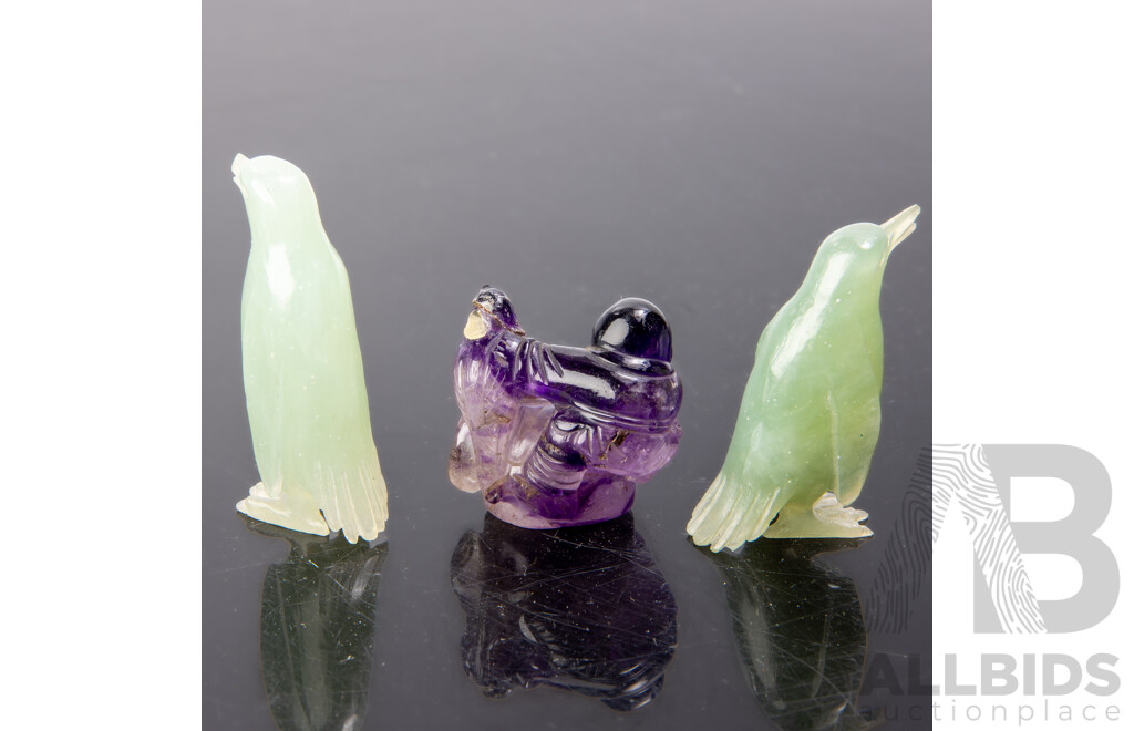 Collection Two Chinese Carved Jadeite Bird Figures Along with Carved Amethyst Figure