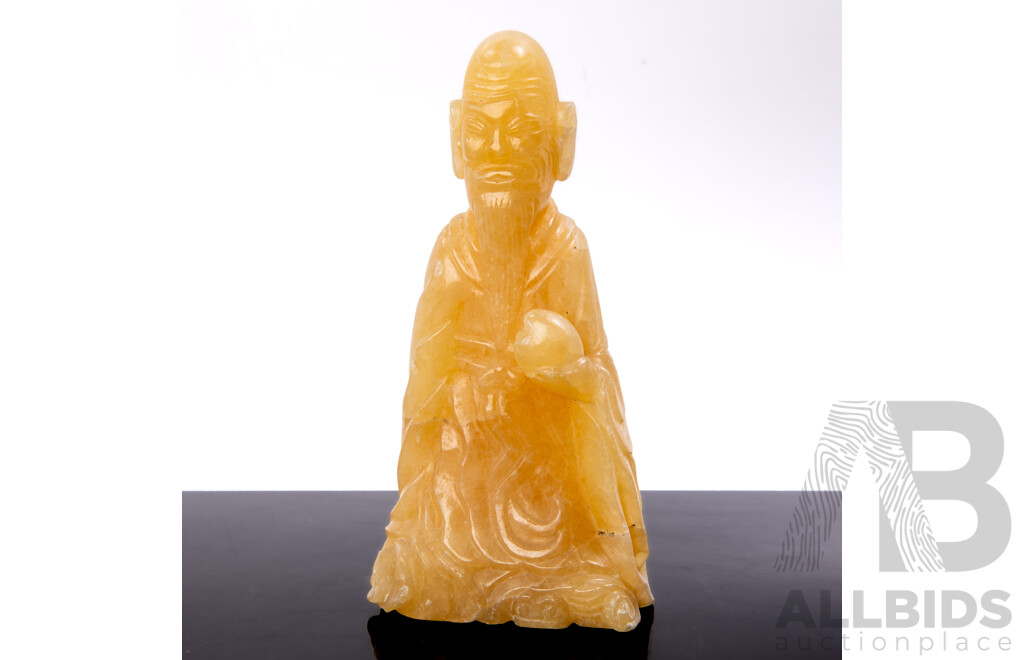 Antique Chinese Carved Soft Stone Shou Xing Figure with Peach of Immortality, Circa 19th Century