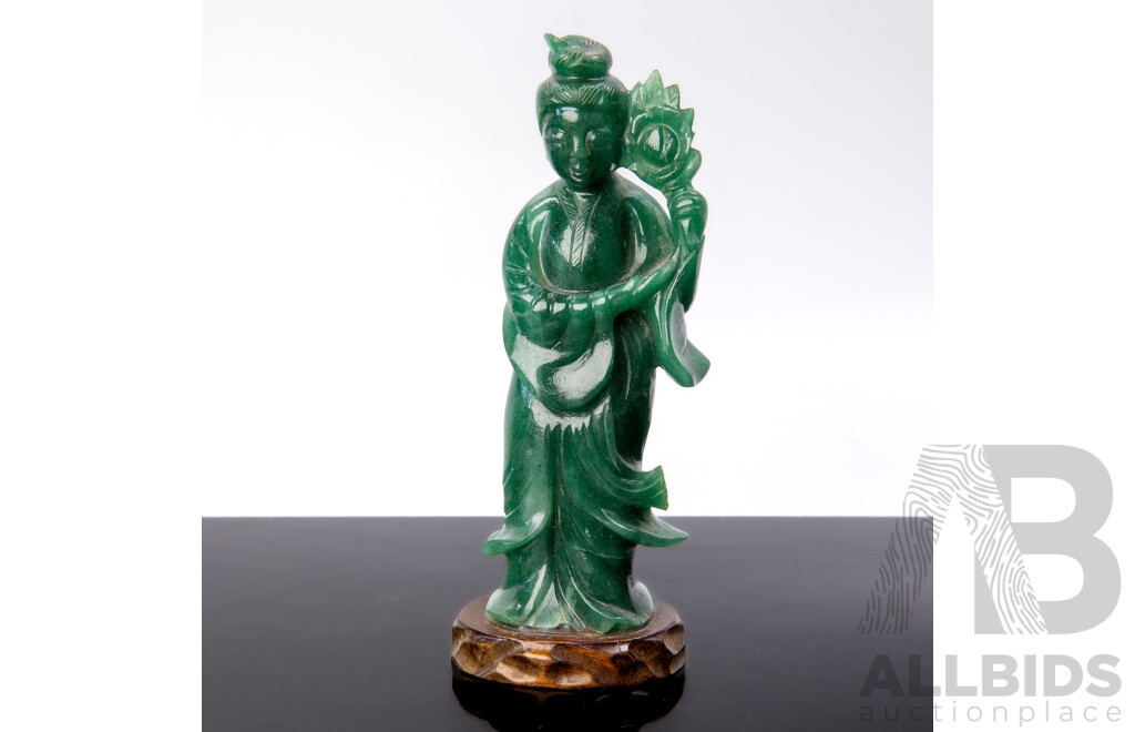 Vintage Chinese Dark Green Jadeite Guan Yi Statue