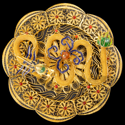 Chinese Gilt Wire Work Dragon Presentation with Enamel Detail and Pearl of Wisdom, Contemporary