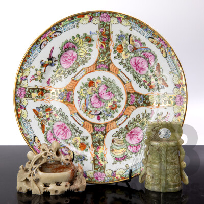 Chinese Hand Painted Famille Rose Porcelain Plate Along with Two Carved Chinese Soft Stone Pieces
