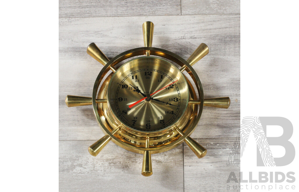 Reproduction Quartz Brass Wall Clock in Ship Helm Form