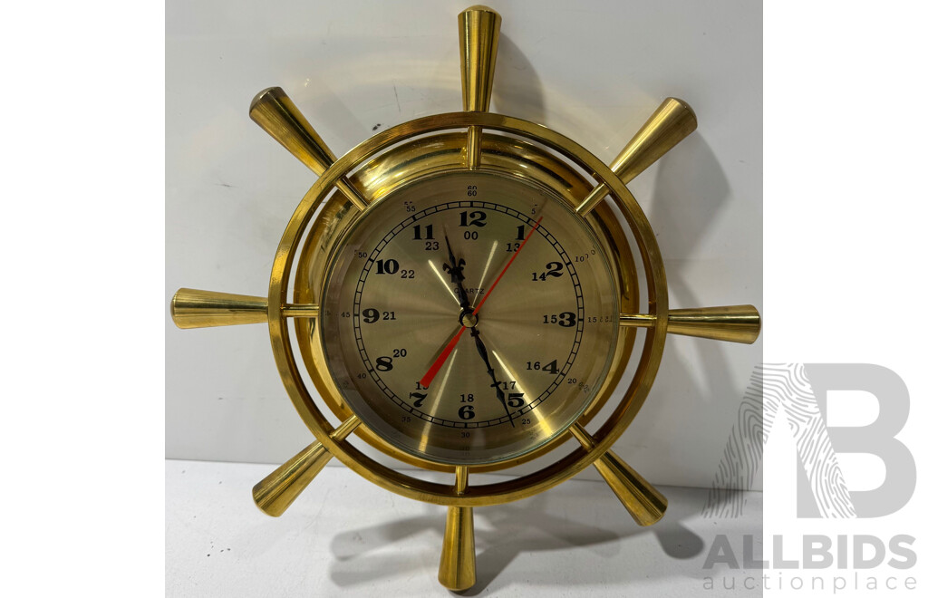 Reproduction Quartz Brass Wall Clock in Ship Helm Form