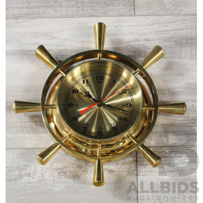 Reproduction Quartz Brass Wall Clock in Ship Helm Form