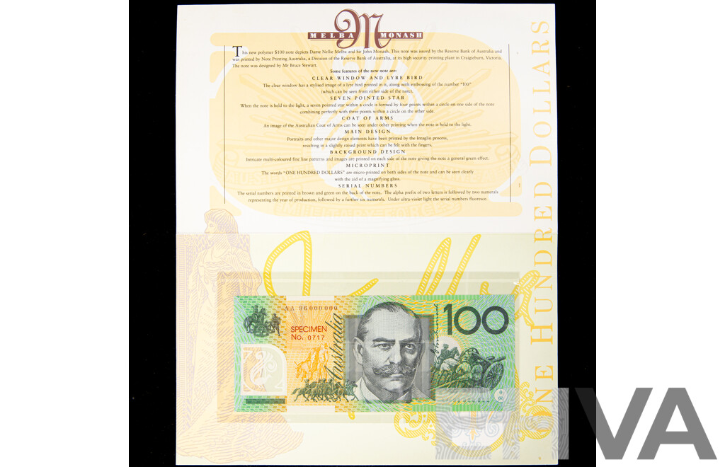 Rare Australian 1996 One Hundred Dollar Specimen Note Number 0717, Fraser/Evans AA 96 000000