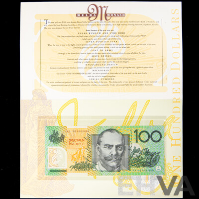 Rare Australian 1996 One Hundred Dollar Specimen Note Number 0717, Fraser/Evans AA 96 000000