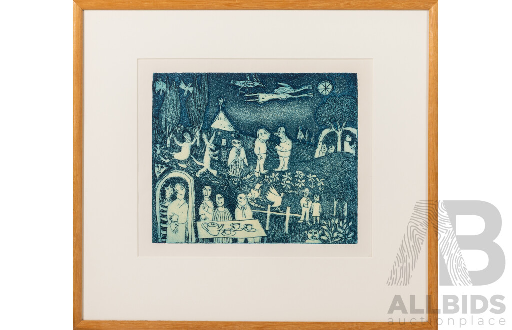 Joyce Allen, (20th Century, Australian, 1916-1992), Picnic [Tea Party,], Original Aquatint & Etching on Paper, 40 x 44 cm (frame)