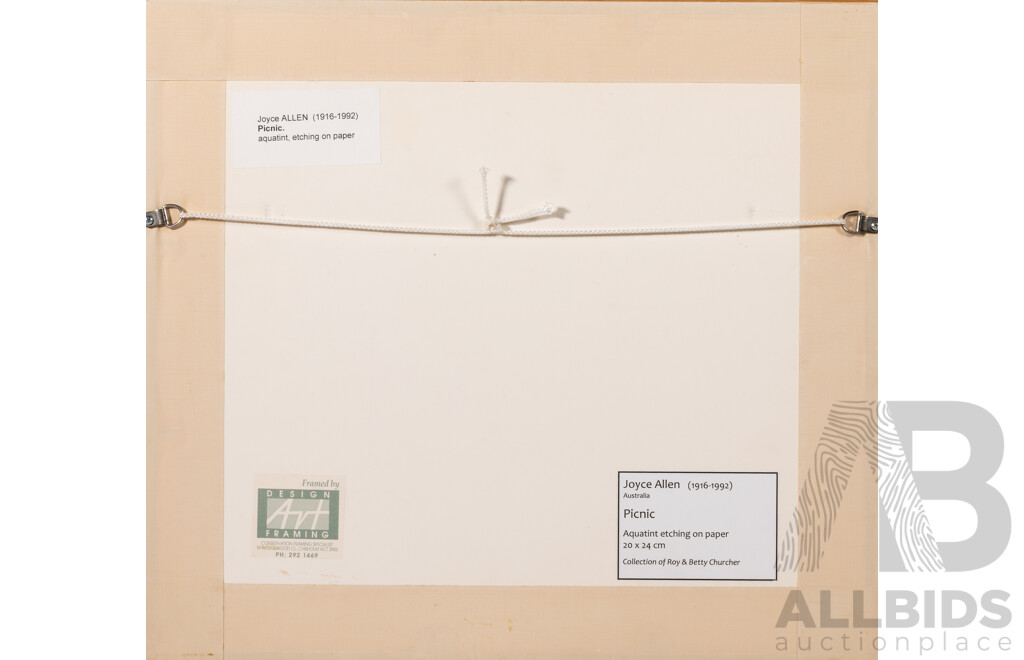 Joyce Allen, (20th Century, Australian, 1916-1992), Picnic [Tea Party,], Original Aquatint & Etching on Paper, 40 x 44 cm (frame)