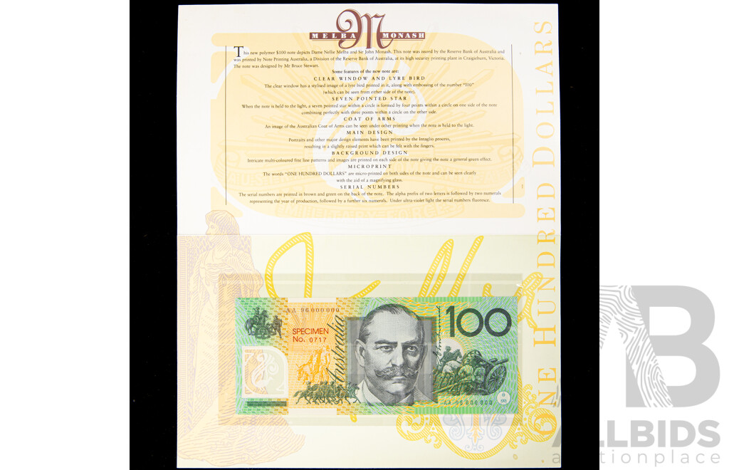 Rare Australian 1996 One Hundred Dollar Specimen Note Number 0717, Fraser/Evans AA 96 000000