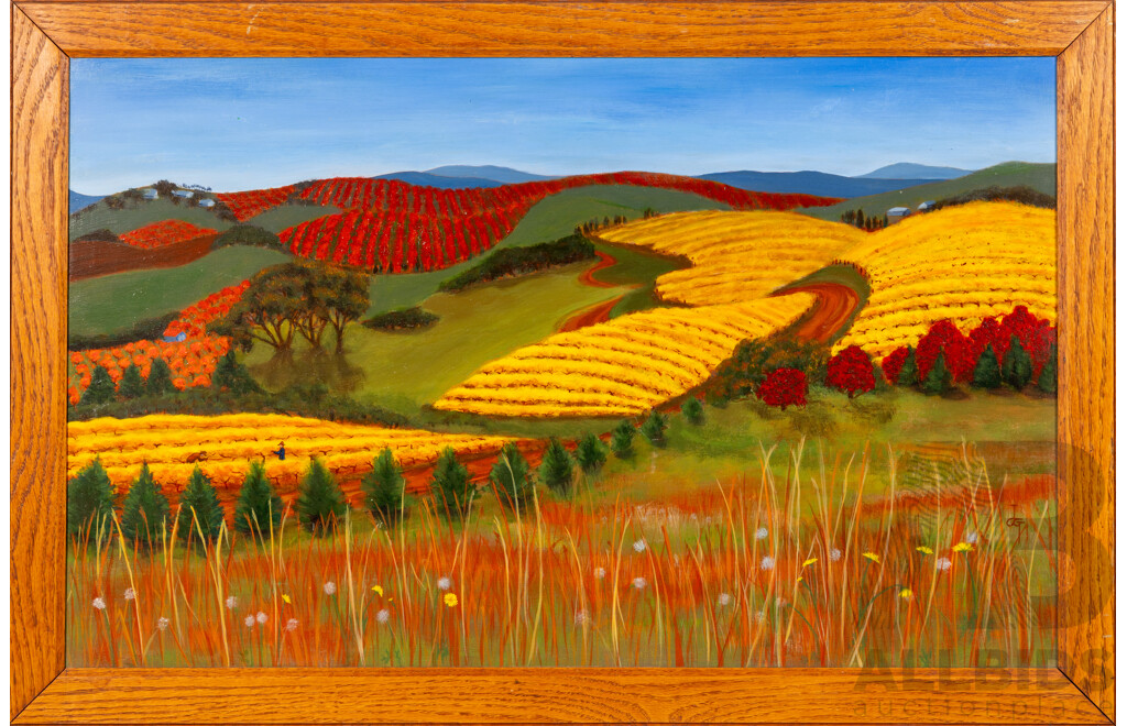 Judy Graham, (20th Century, Australian, 1958-), Vineyards of Young (1998), Quite Wonderful Original Oil on Board, 56 x 85 cm (frame)