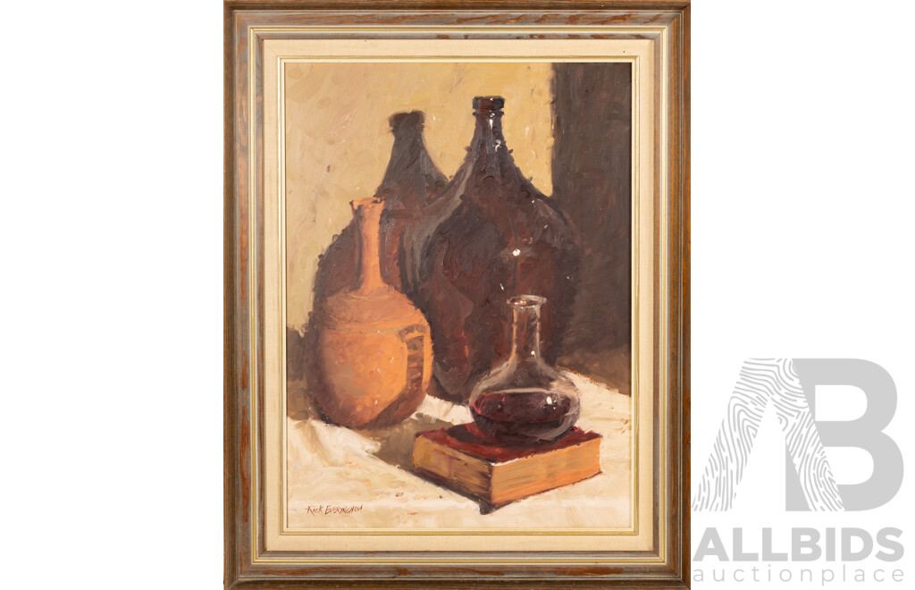 Rick Everingham, (20th Century, Australian, 1945-), Red Wine & Shakespeare (1970), Beautiful Original Oil on Board, 74 x 59 cm (frame)