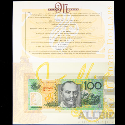 Rare Australian 1996 One Hundred Dollar Specimen Note Number 0717, Fraser/Evans AA 96 000000