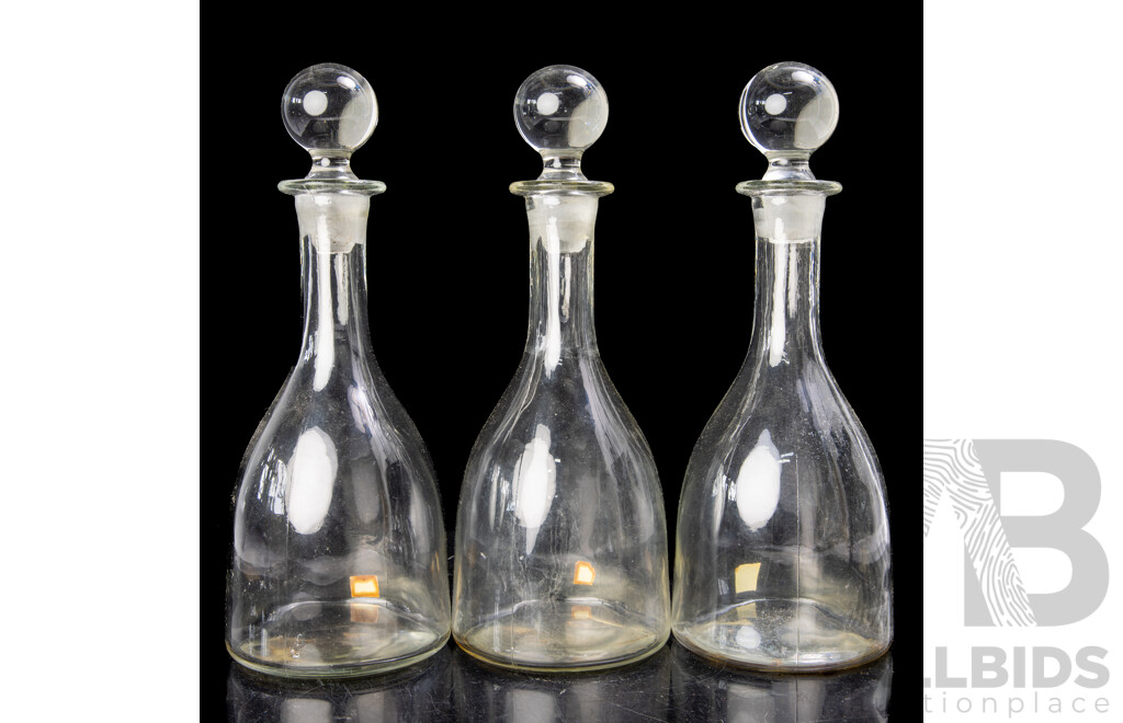 Set Three Mid Century Ivima Portuguese Glass Decanters with Stoppers and Original Labels