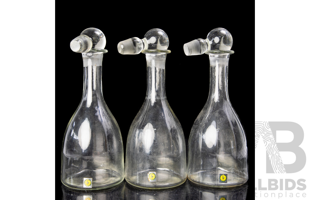 Set Three Mid Century Ivima Portuguese Glass Decanters with Stoppers and Original Labels