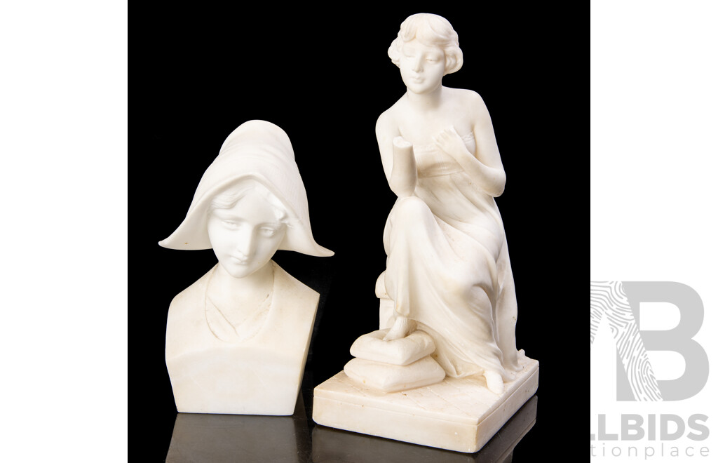 Vintage Carved White Marble Bust of Girl with Bonnet Along with Marble Figure of Seated Lady with Foot on Cushions