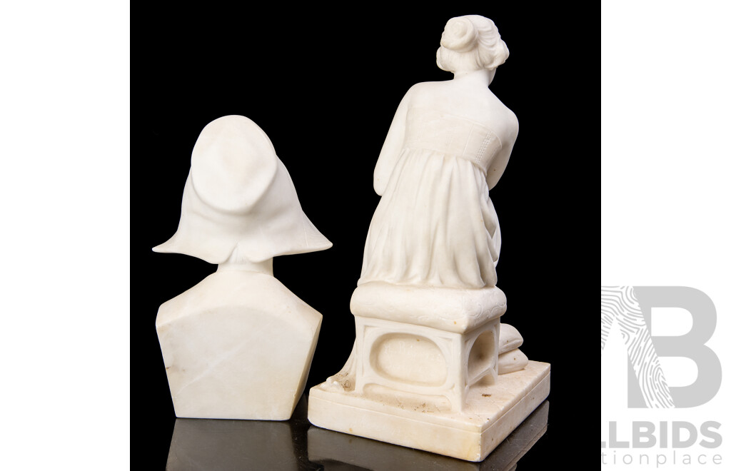 Vintage Carved White Marble Bust of Girl with Bonnet Along with Marble Figure of Seated Lady with Foot on Cushions