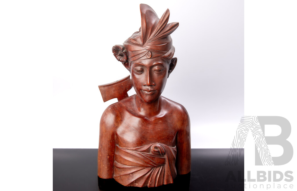 Large Hand Carved Hardwood Bust of Indonesian Man with Kris Sheath on Back