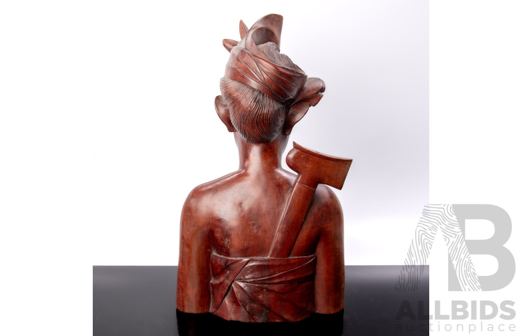 Large Hand Carved Hardwood Bust of Indonesian Man with Kris Sheath on Back
