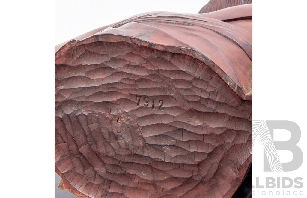 Large Hand Carved Hardwood Bust of Indonesian Man with Kris Sheath on Back
