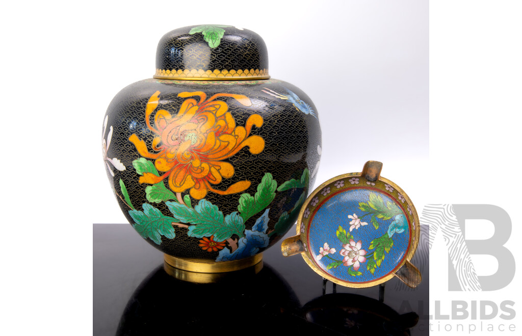 Large Chinese Cloisonne Lidded Ginger Jar Along with Cloisonne Ashtray