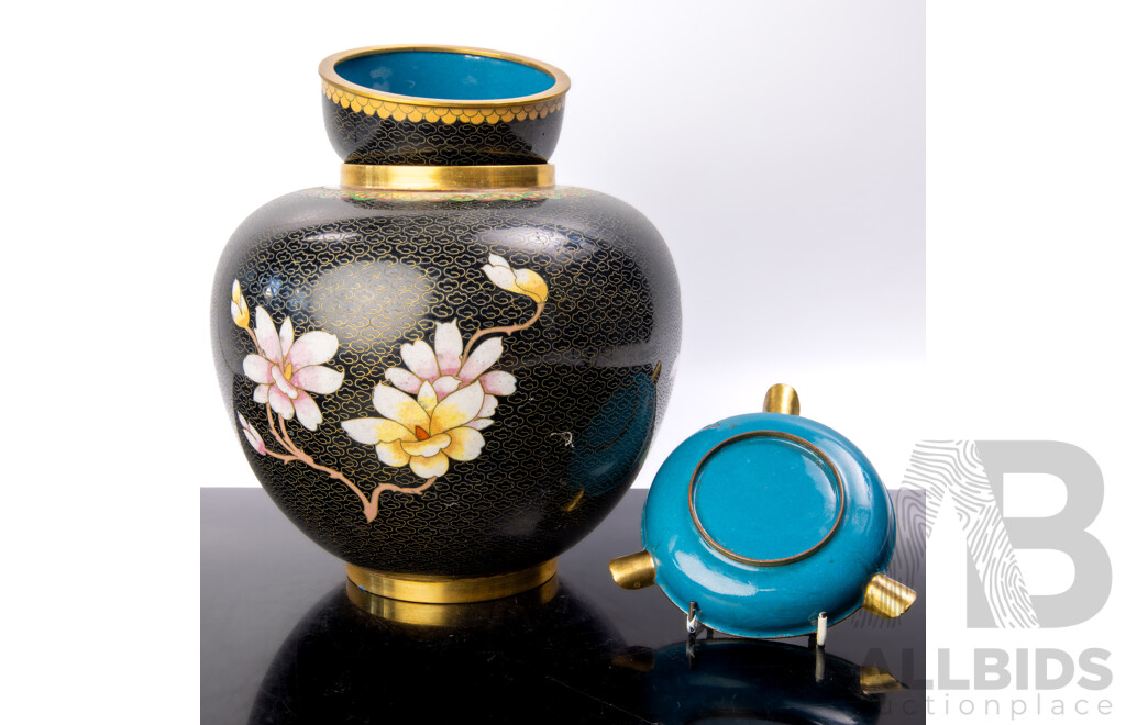 Large Chinese Cloisonne Lidded Ginger Jar Along with Cloisonne Ashtray