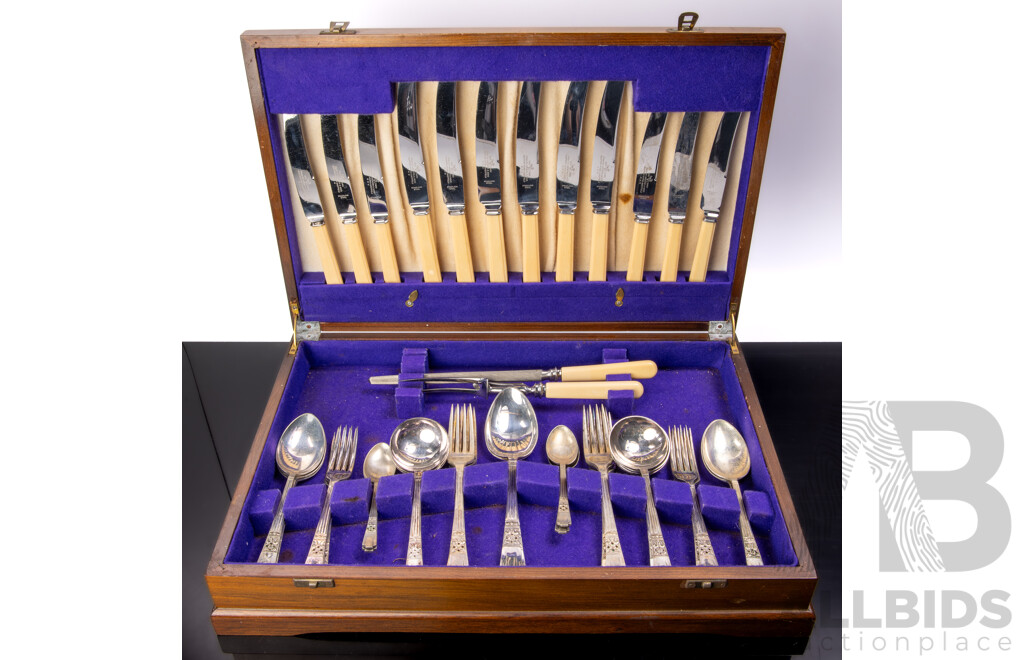Vintage 43 Piece Silver Pate Flatware Set by Francis Greaves & Sons in Wooden Canteen