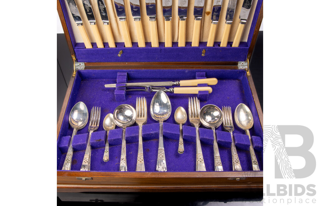 Vintage 43 Piece Silver Pate Flatware Set by Francis Greaves & Sons in Wooden Canteen
