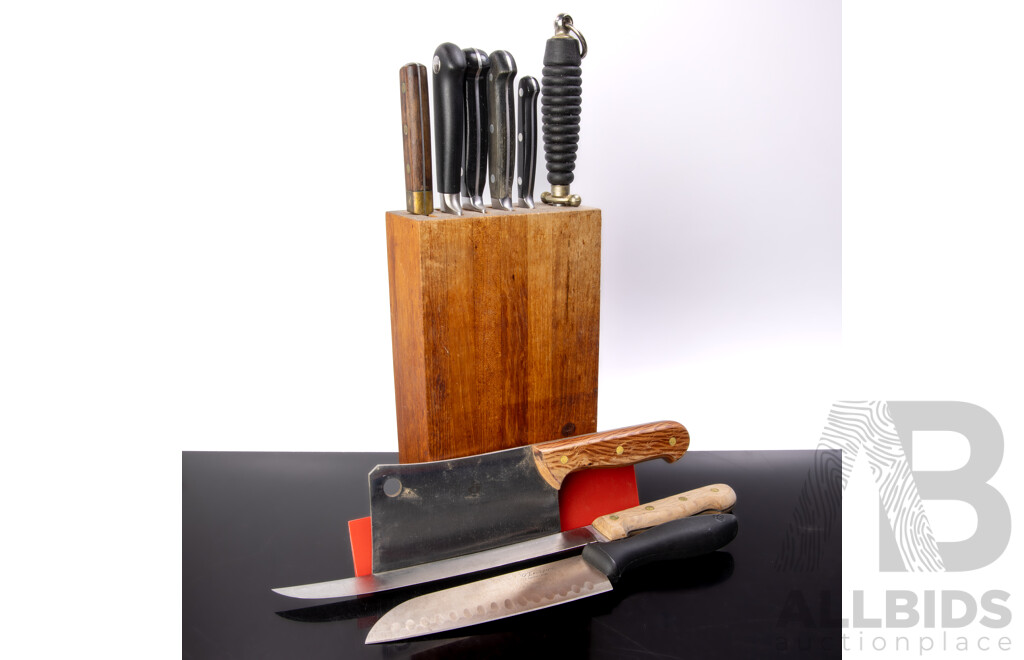 Collection Quality Chefs Knives Including Icel Meat Cleaver, Trident, Alfred Zanger, Mundial, Wustof and More, in Wooden Knife  Block