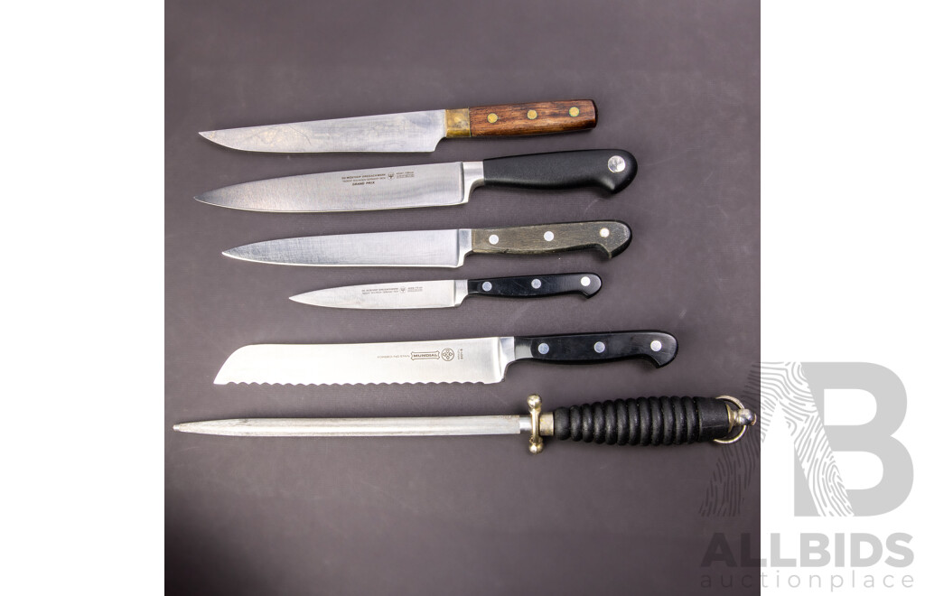 Collection Quality Chefs Knives Including Icel Meat Cleaver, Trident, Alfred Zanger, Mundial, Wustof and More, in Wooden Knife  Block
