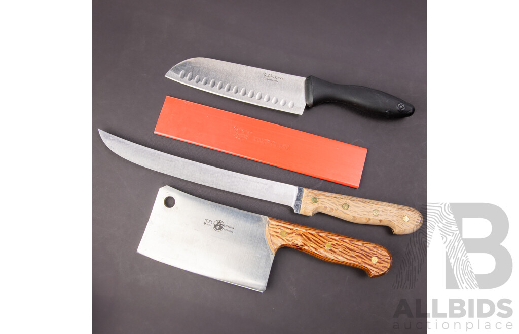 Collection Quality Chefs Knives Including Icel Meat Cleaver, Trident, Alfred Zanger, Mundial, Wustof and More, in Wooden Knife  Block