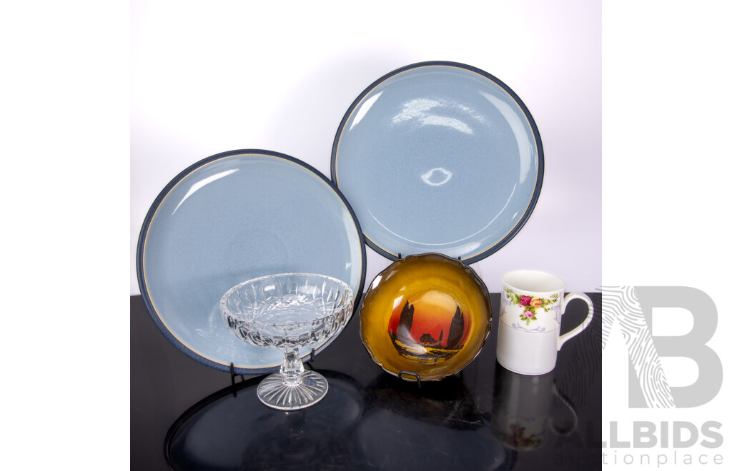 Collection Pieces Comprising Two English Denby Plates, Royal Doulton Bowl, Stuart Crystal Coupe & Royal Albert Mug