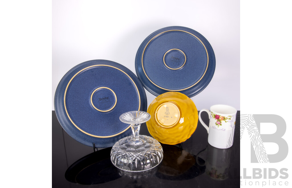 Collection Pieces Comprising Two English Denby Plates, Royal Doulton Bowl, Stuart Crystal Coupe & Royal Albert Mug